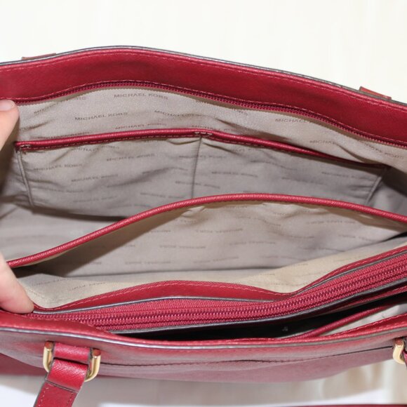Michael Kors Cherry Red Jet Set Large Leather Tote Bag Purse - Picture 11 of 13